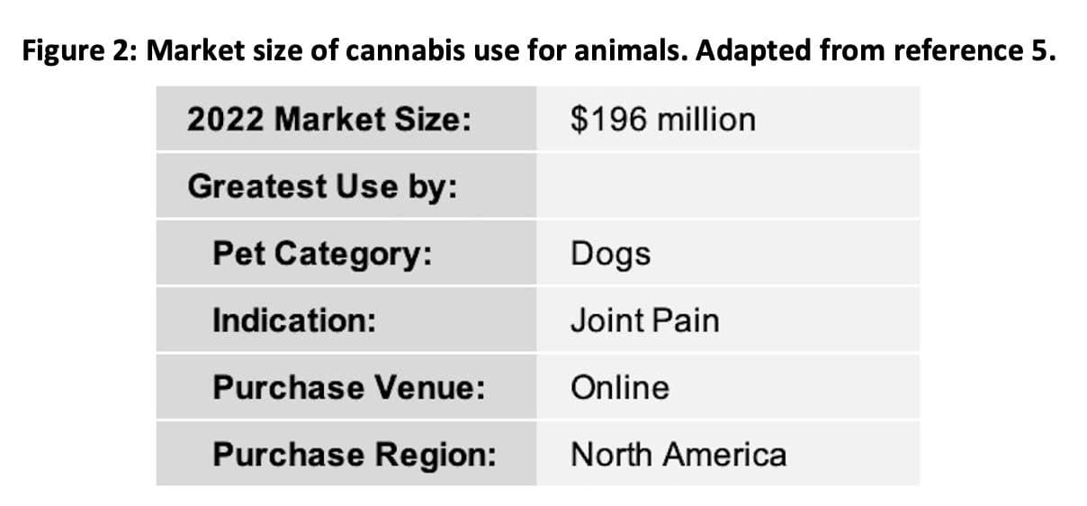 Table of market size of cannabis use for animals | Image Credit: Adapted from Reference 5